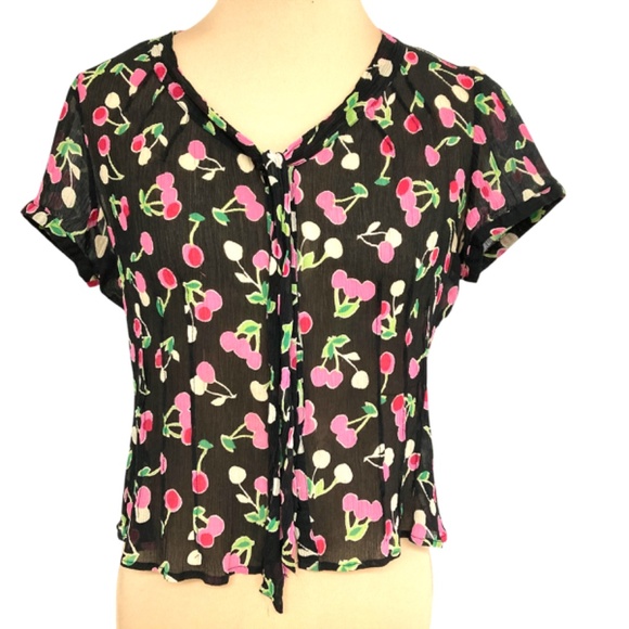 top S RAFAELLA vintage silk cropped tie neck button up cap sleeve sheer - Picture 3 of 11